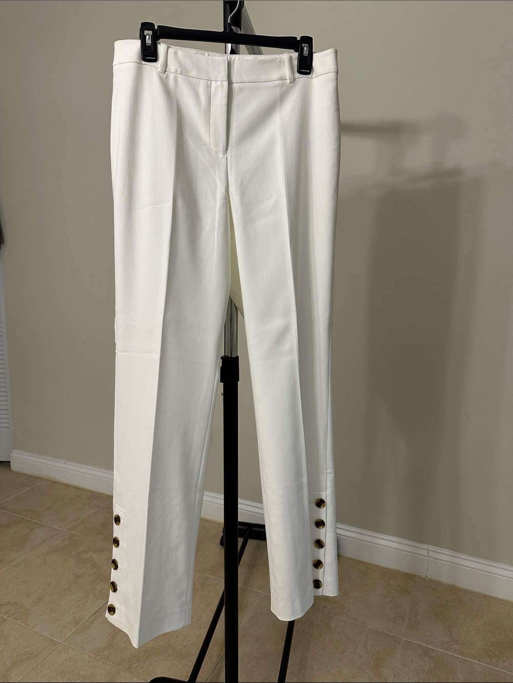Calvin Klein White Straight-Leg Pants with Button Hem